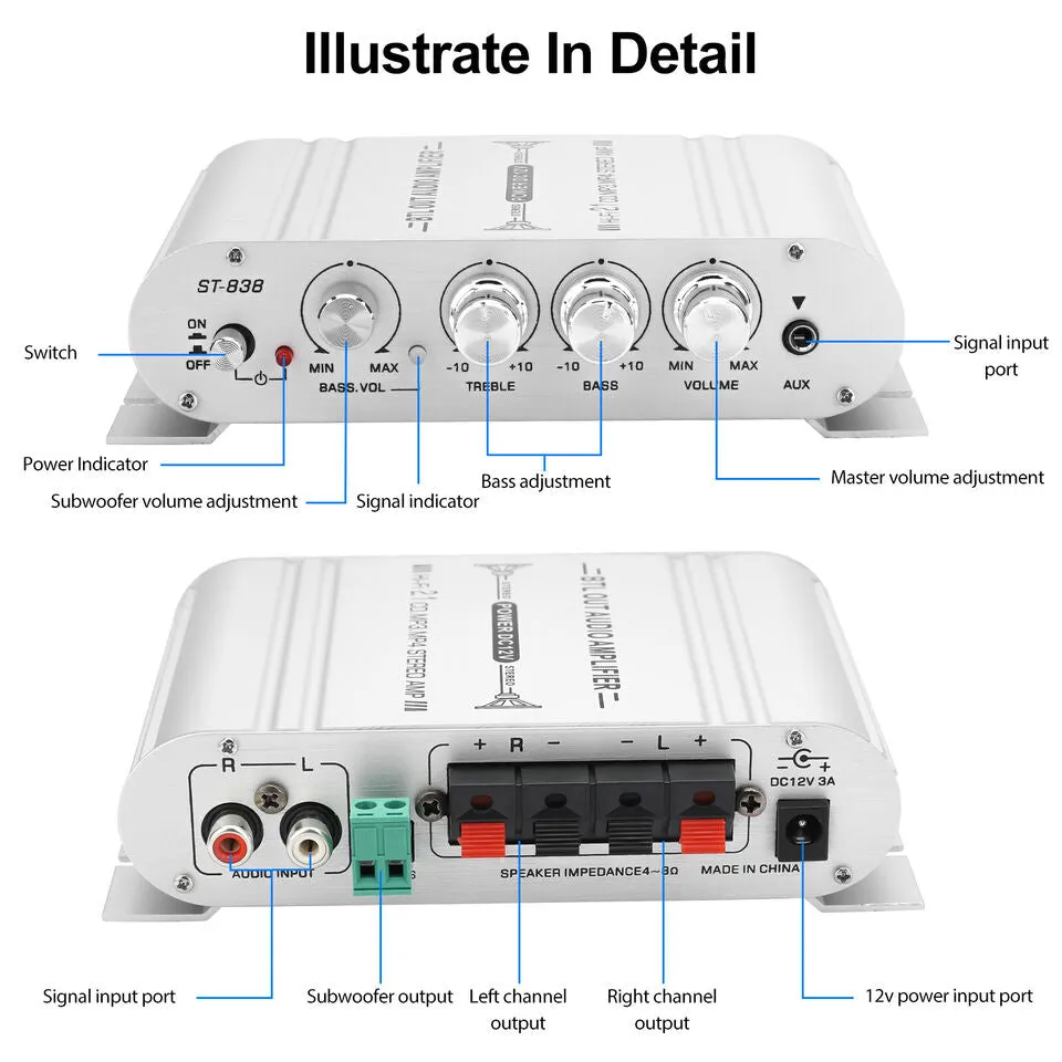 400W 12V 2.1Channel Powerful Stereo Audio Power Amplifier HiFi Bass Amp Car Home