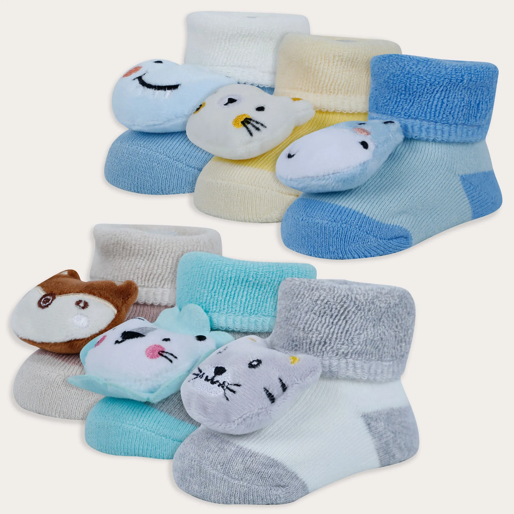 Baby Moo Bear 3D Rattle Anti-Skid Socks Booties Pack of 6 - Blue