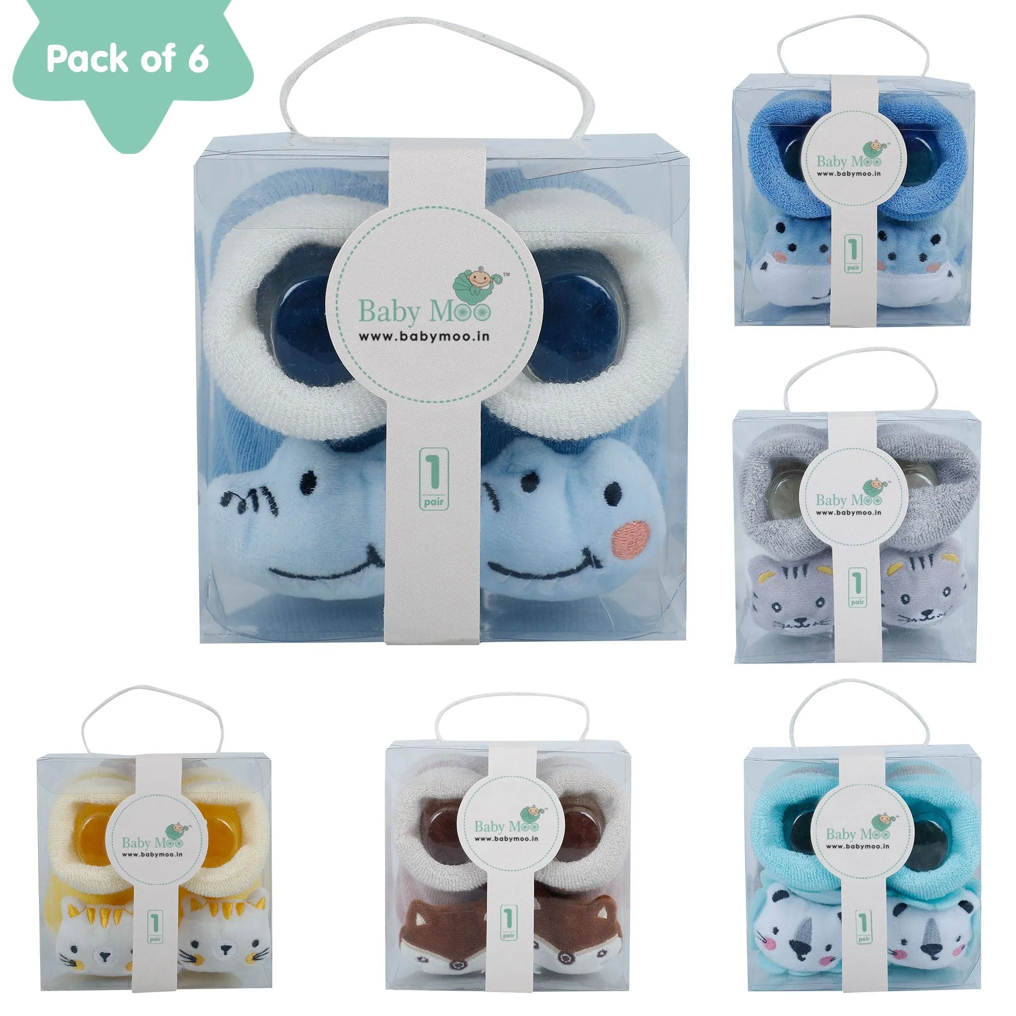 Baby Moo Bear 3D Rattle Anti-Skid Socks Booties Pack of 6 - Blue