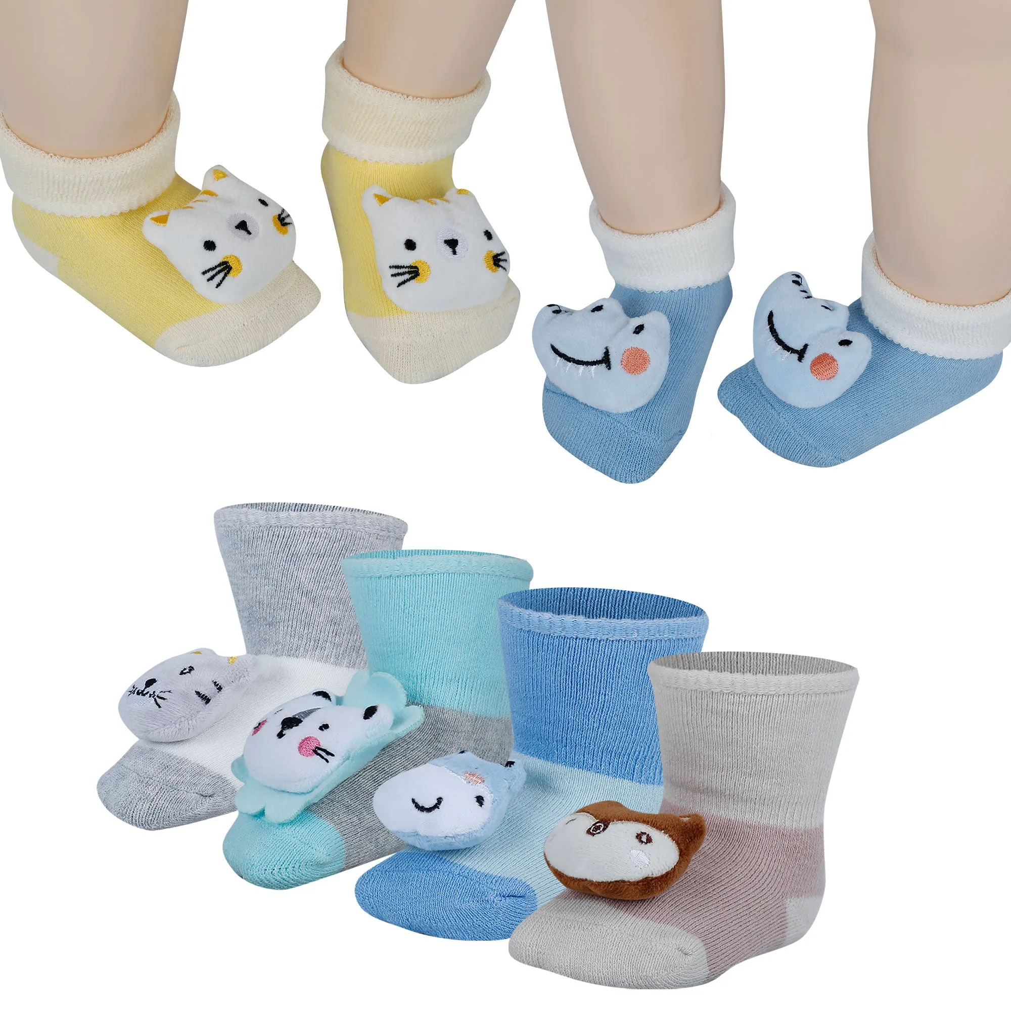 Baby Moo Bear 3D Rattle Anti-Skid Socks Booties Pack of 6 - Blue