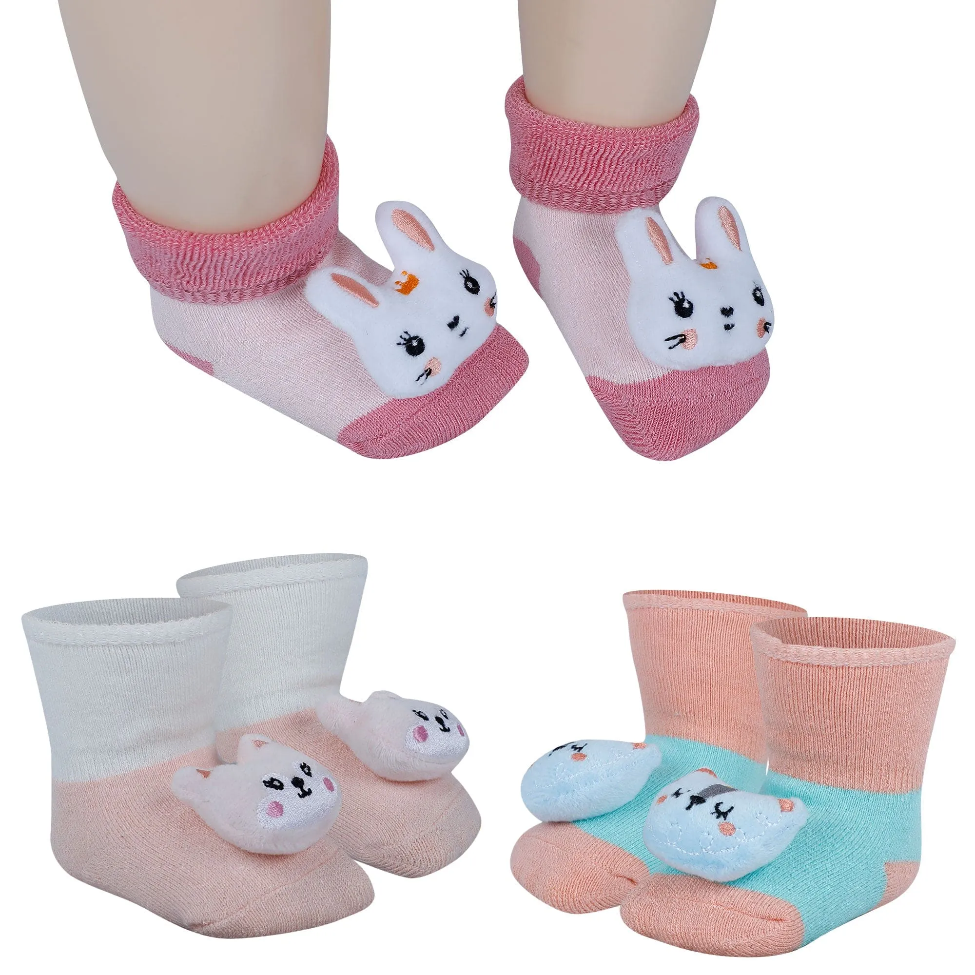 Baby Moo Bunny 3D Rattle Anti-Skid Socks Booties Pack of 3 - Peach