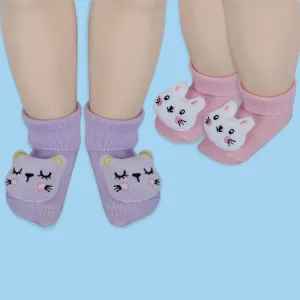 Baby Moo Bunny And Kitty 3D Rattle Anti-Skid Socks Booties Pack of 2 - Pink, Purple