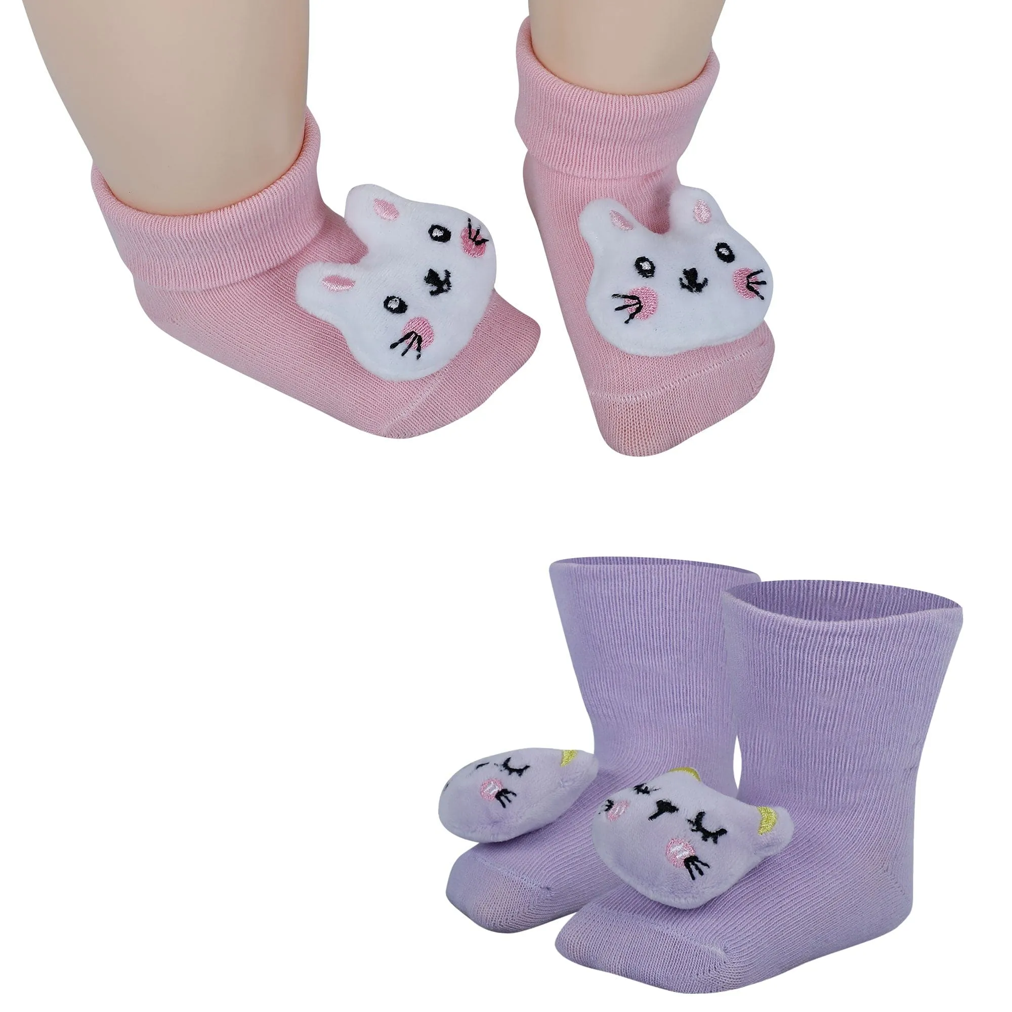 Baby Moo Bunny And Kitty 3D Rattle Anti-Skid Socks Booties Pack of 2 - Pink, Purple