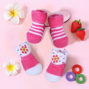 Baby Moo Floral Stripes Newborn Breathable Infant Cotton Socks - Pink