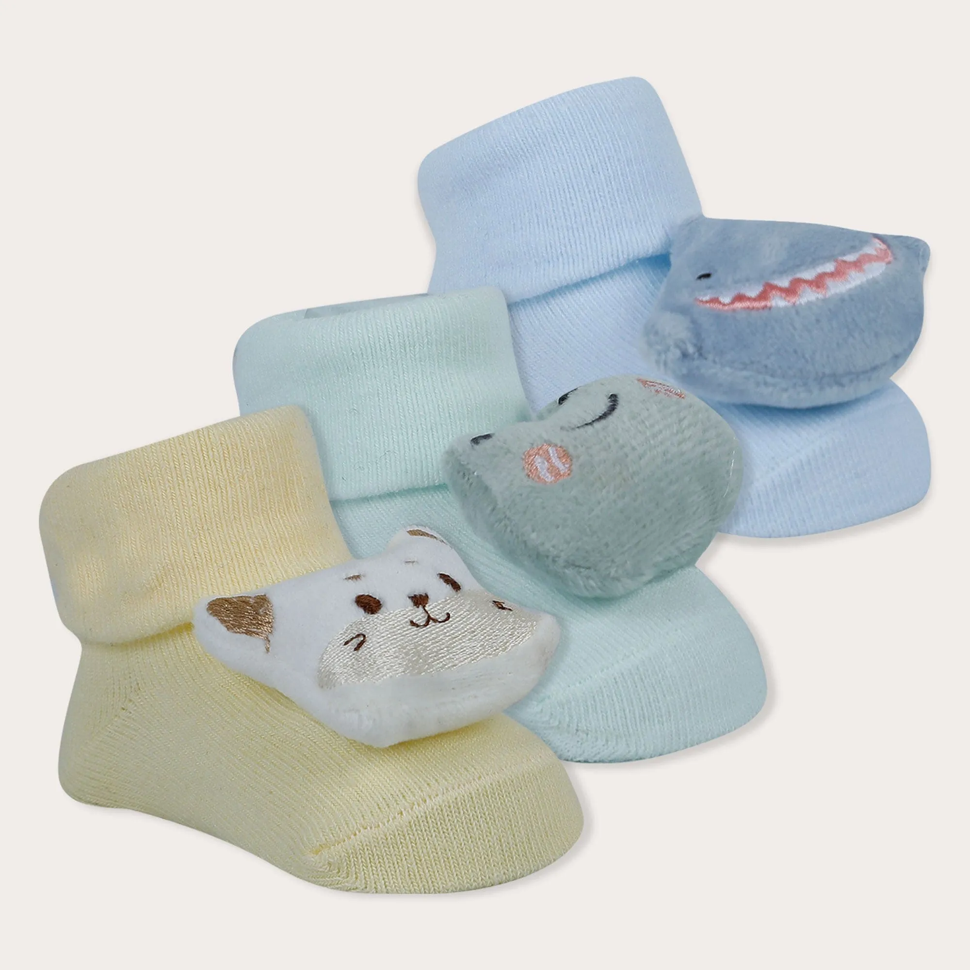 Baby Moo Kitty Frog Shark 3D Rattle Anti-Skid Socks Booties Pack of 3 - Multicolour