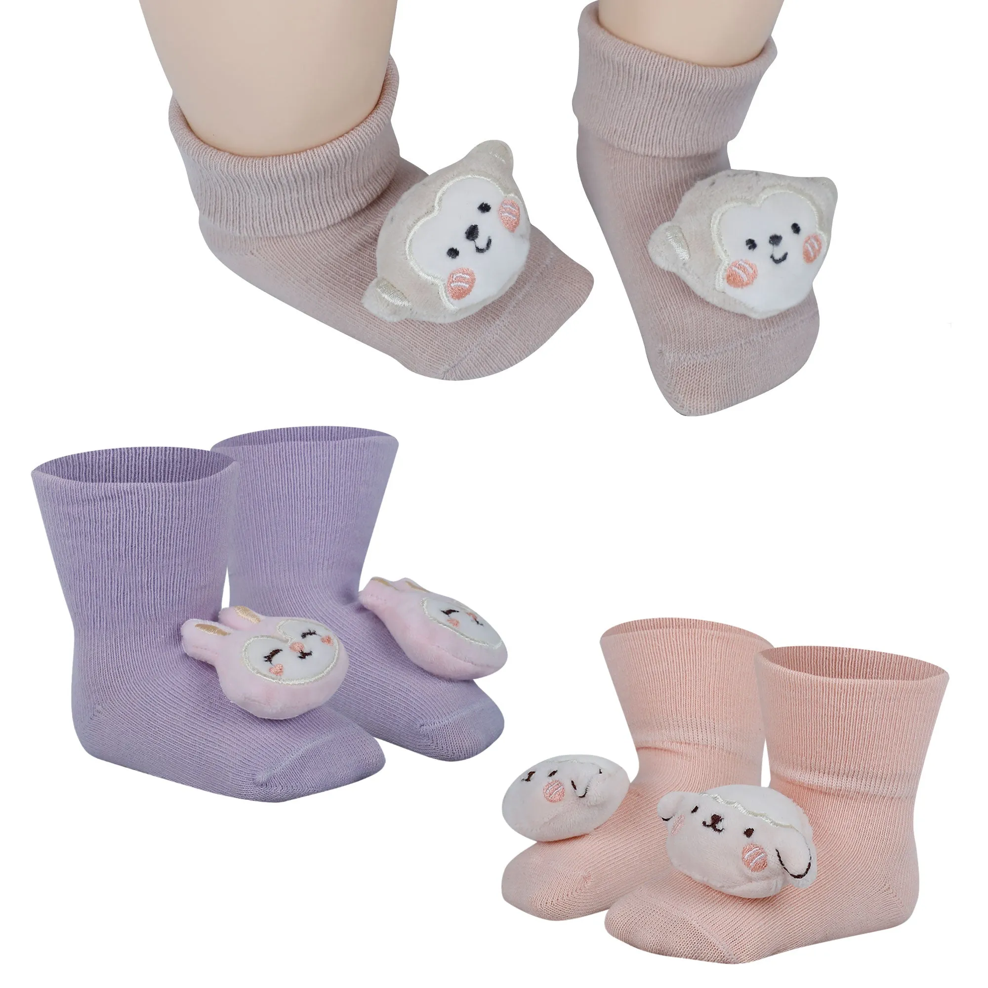 Baby Moo Monkey Bunny 3D Rattle Anti-Skid Socks Booties Pack of 3 - Purple