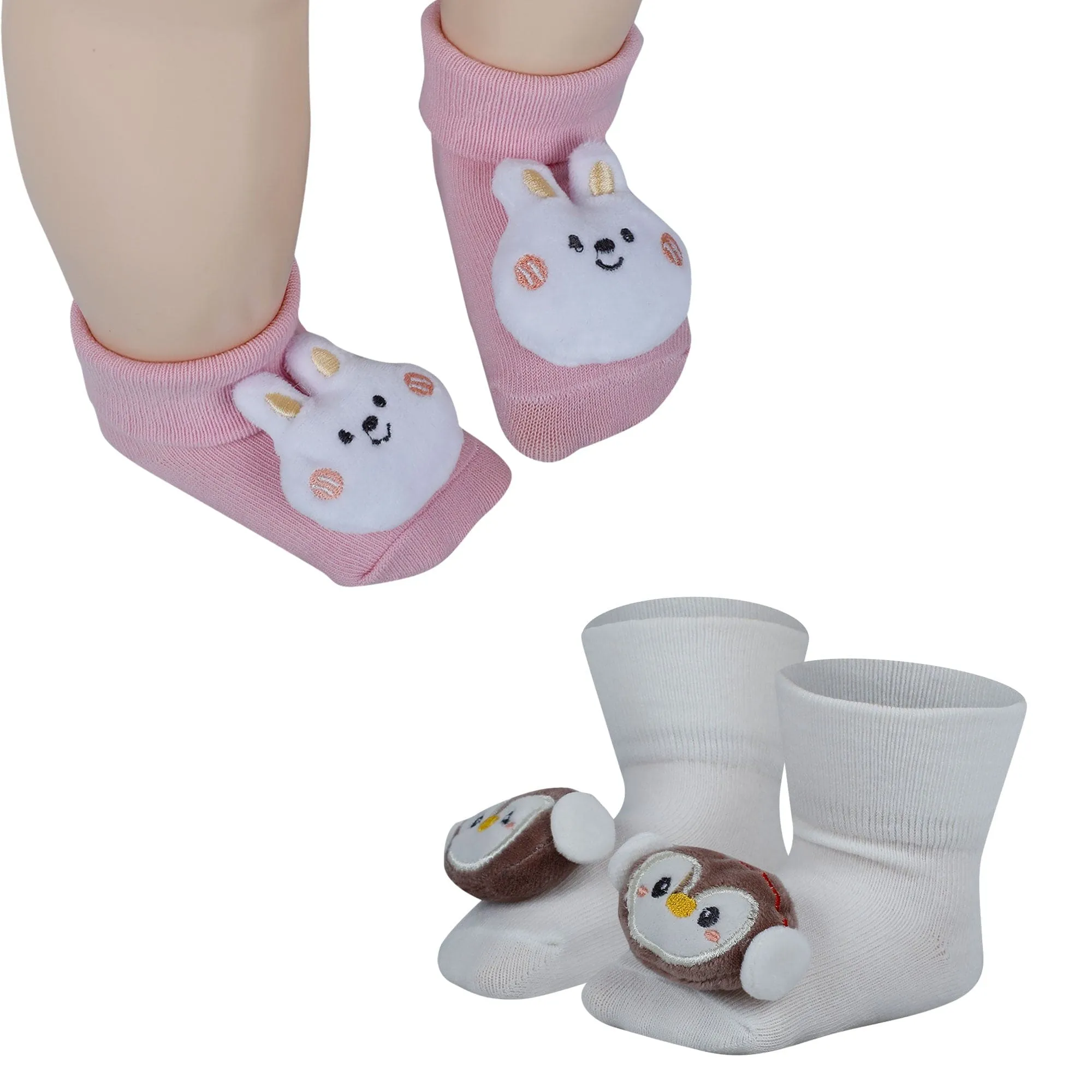 Baby Moo Penguin And Bunny 3D Rattle Anti-Skid Socks Booties Pack of 2 - Cream, Pink