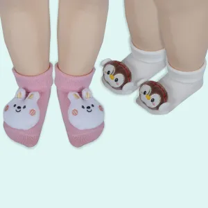 Baby Moo Penguin And Bunny 3D Rattle Anti-Skid Socks Booties Pack of 2 - Cream, Pink