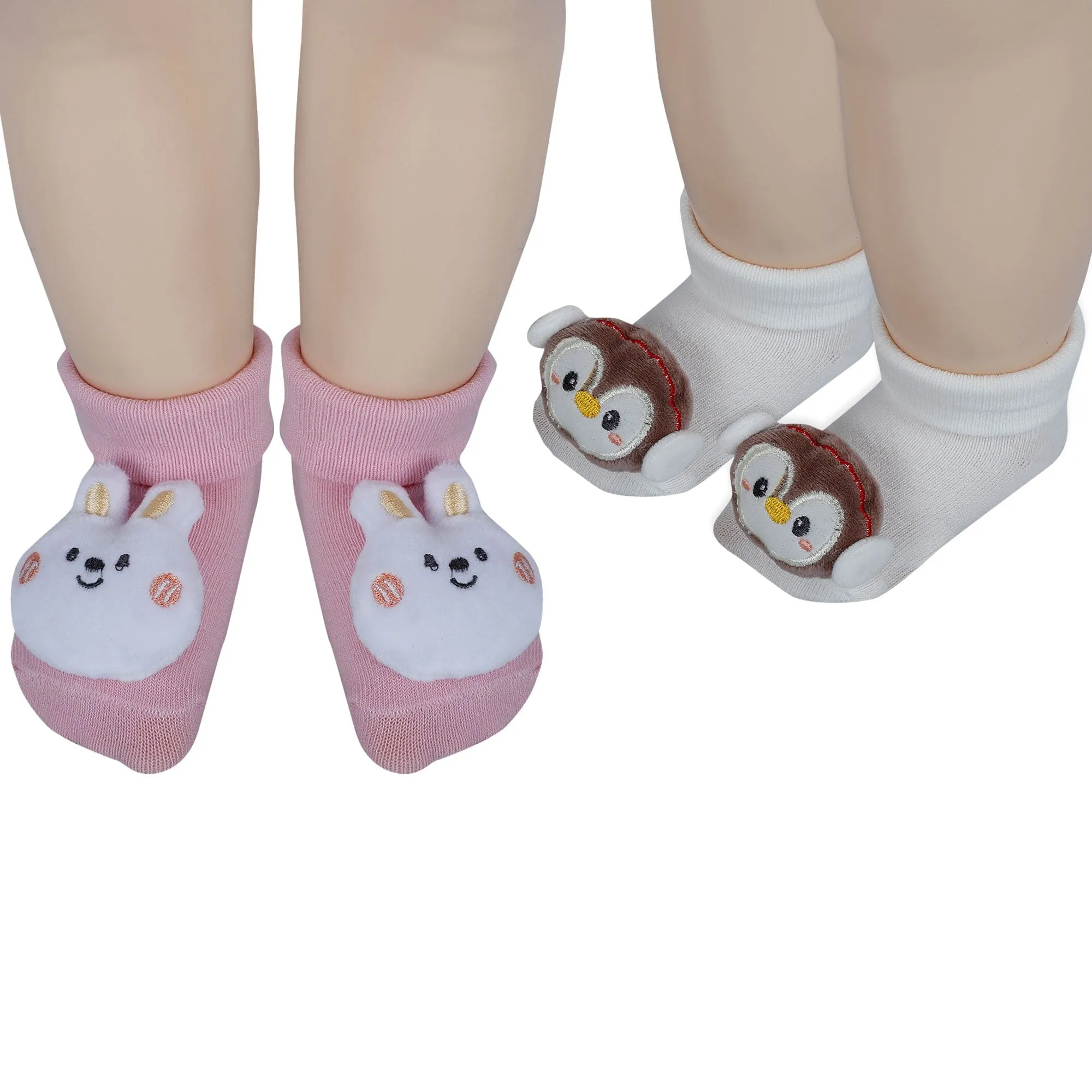 Baby Moo Penguin And Bunny 3D Rattle Anti-Skid Socks Booties Pack of 2 - Cream, Pink