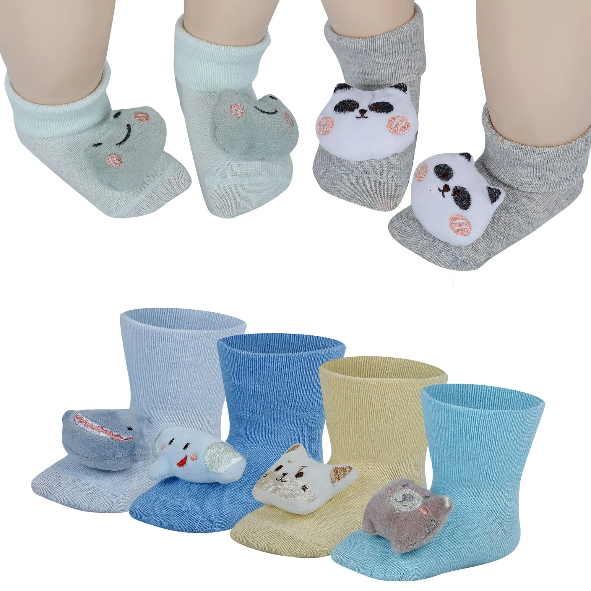 Baby Moo Shark 3D Rattle Anti-Skid Socks Booties Pack of 6 - Blue