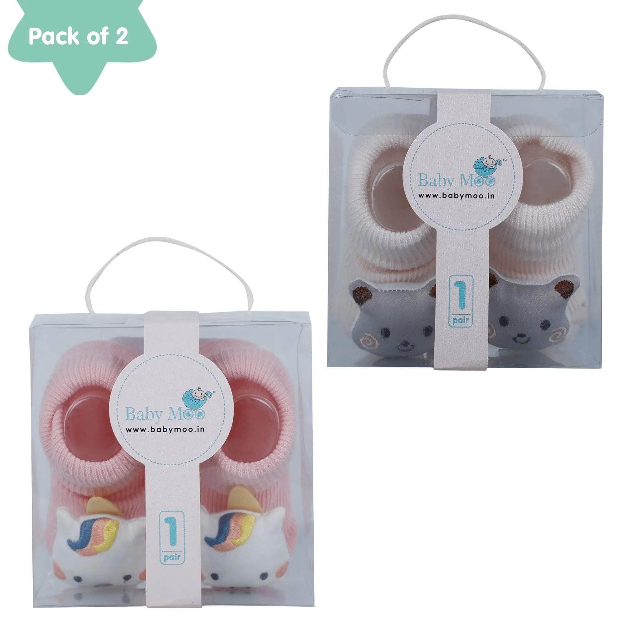 Baby Moo Unicorn 3D Rattle Anti-Skid Socks Booties Pack of 2 - Pink, Peach