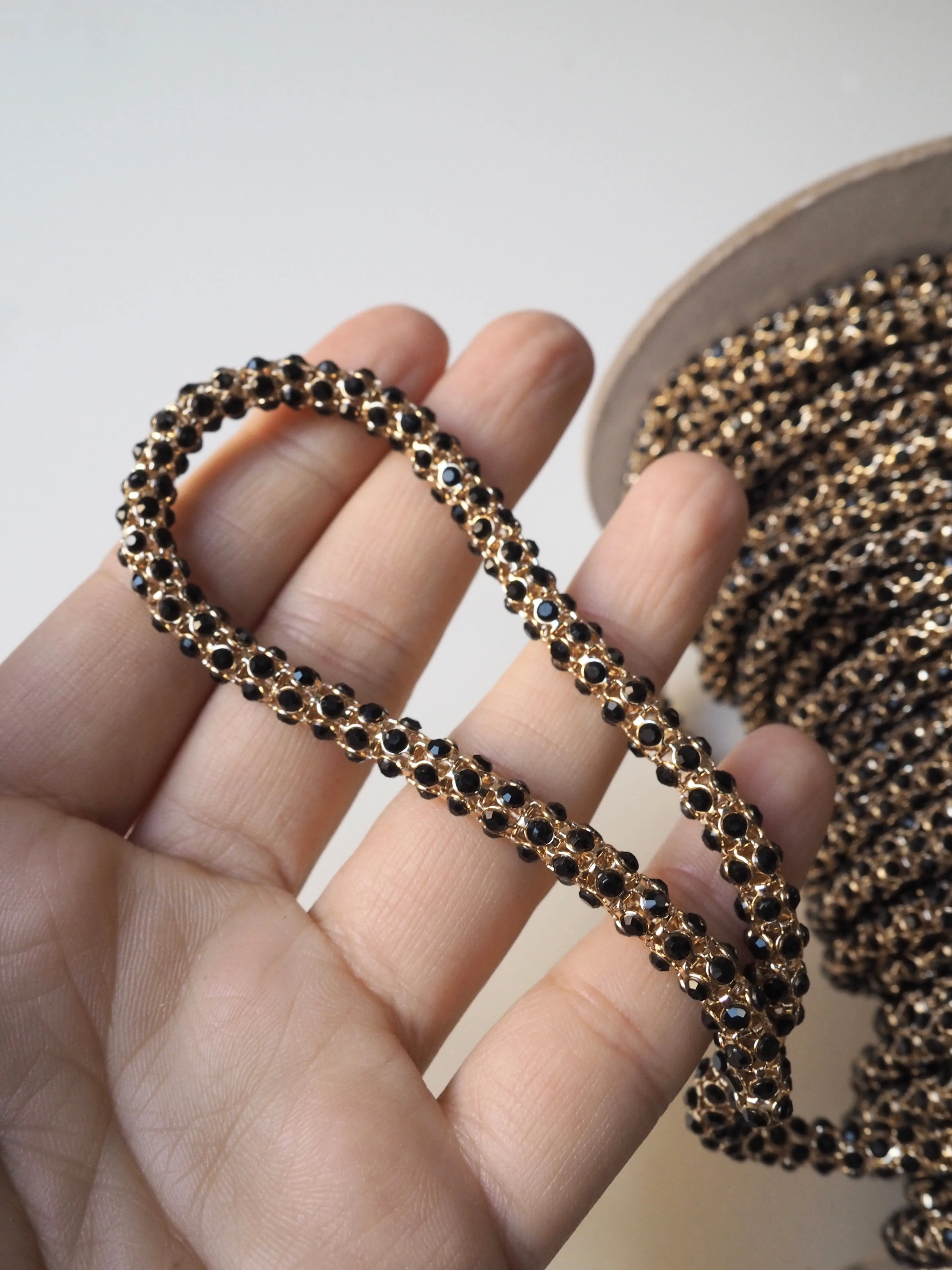 Black   Gold Crystal Tube Chain Trim - 7mm