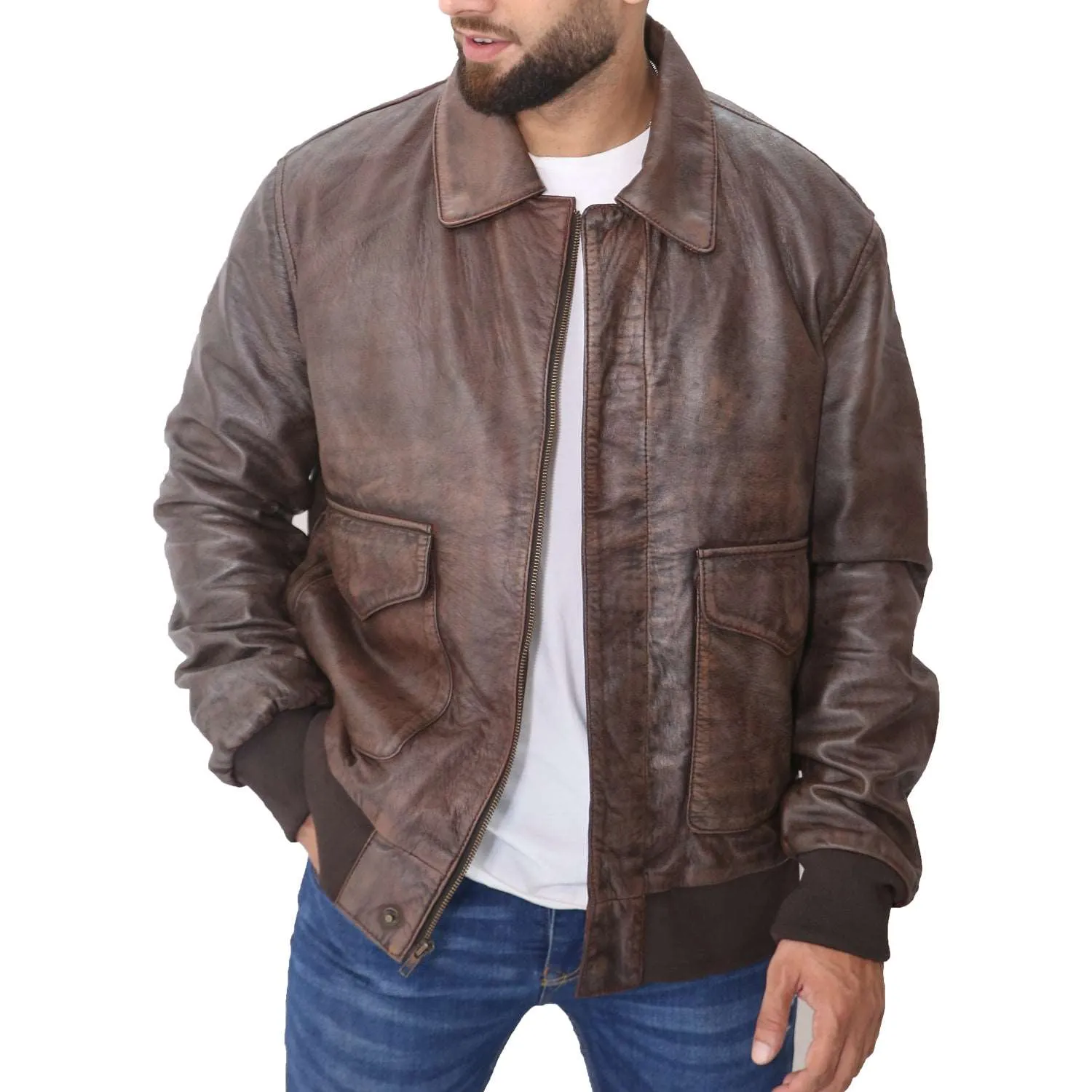 Men's Aviator A2 Distressed Brown Leather Jacket