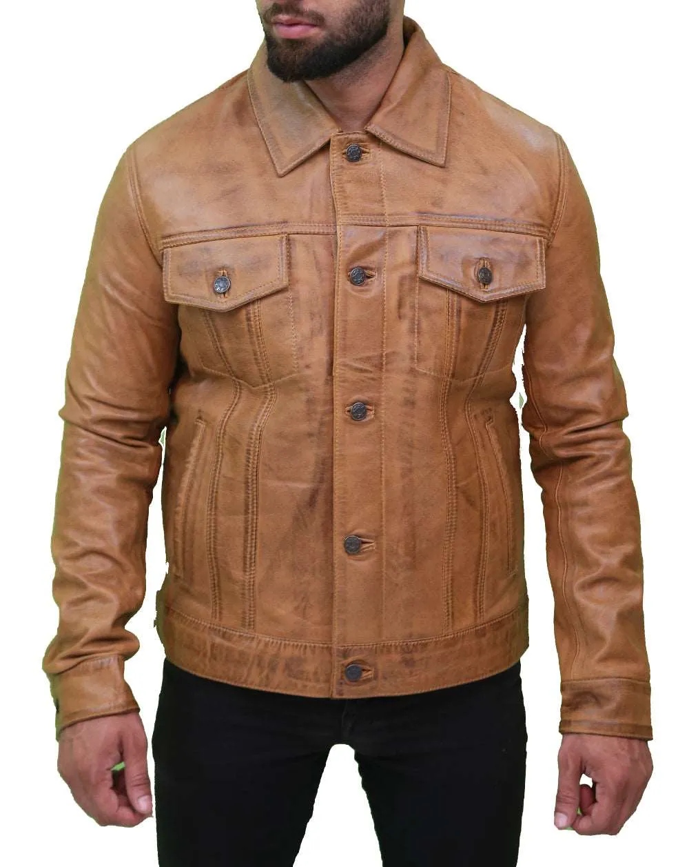 Men's Camel Brown Trucker Leather Jacket