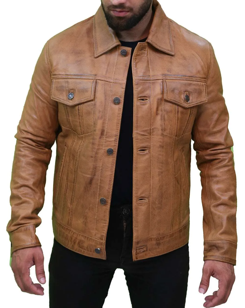 Men's Camel Brown Trucker Leather Jacket