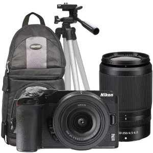 Nikon Z30 Mirrorless Camera with 16-50mm and 50-250mm Lenses (Black)   DSLR Sling Backpack   Professional Tripod