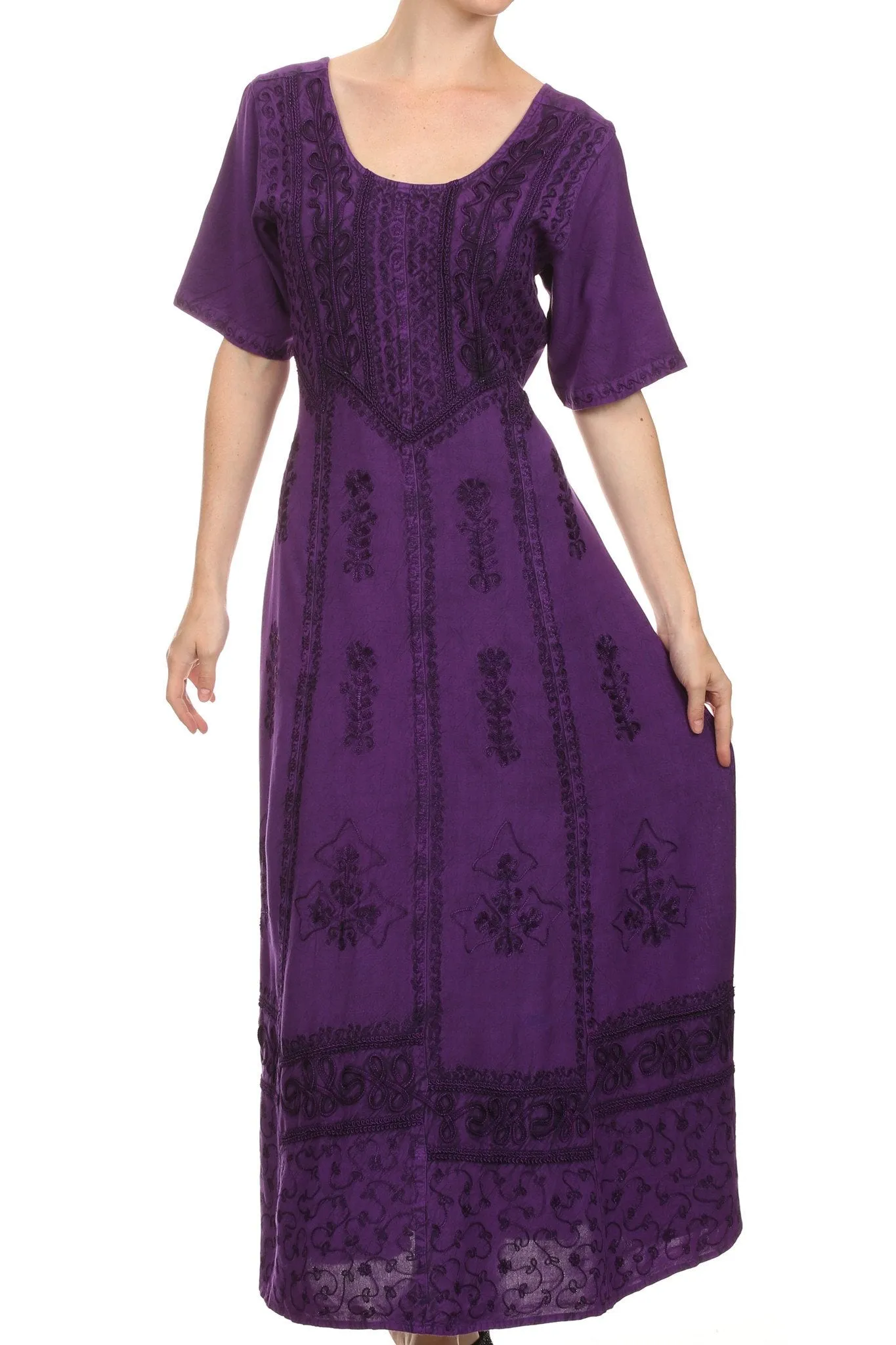 Sakkas Dannee Adjustable Cap Sleeve Caftan Long Embroidered Stonewashed Dress