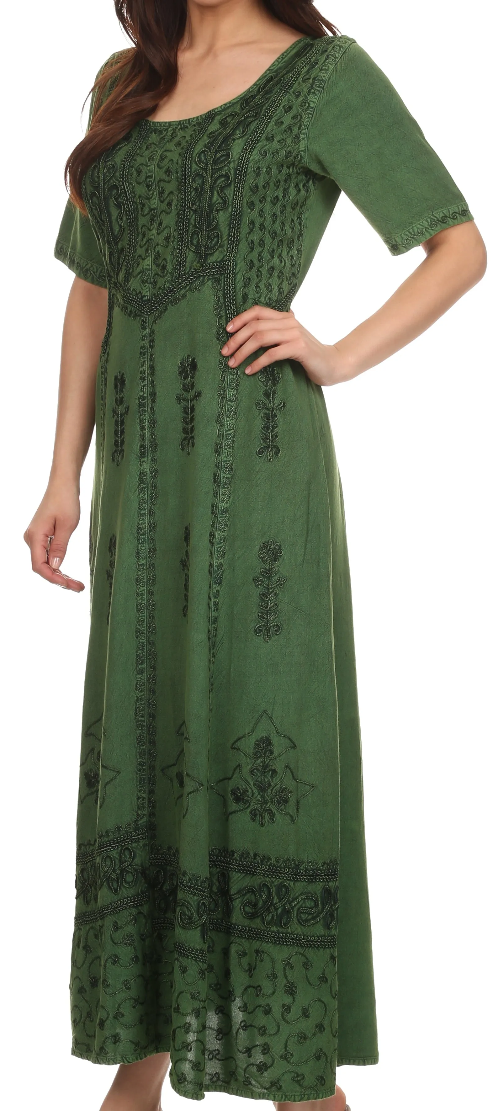 Sakkas Dannee Adjustable Cap Sleeve Caftan Long Embroidered Stonewashed Dress