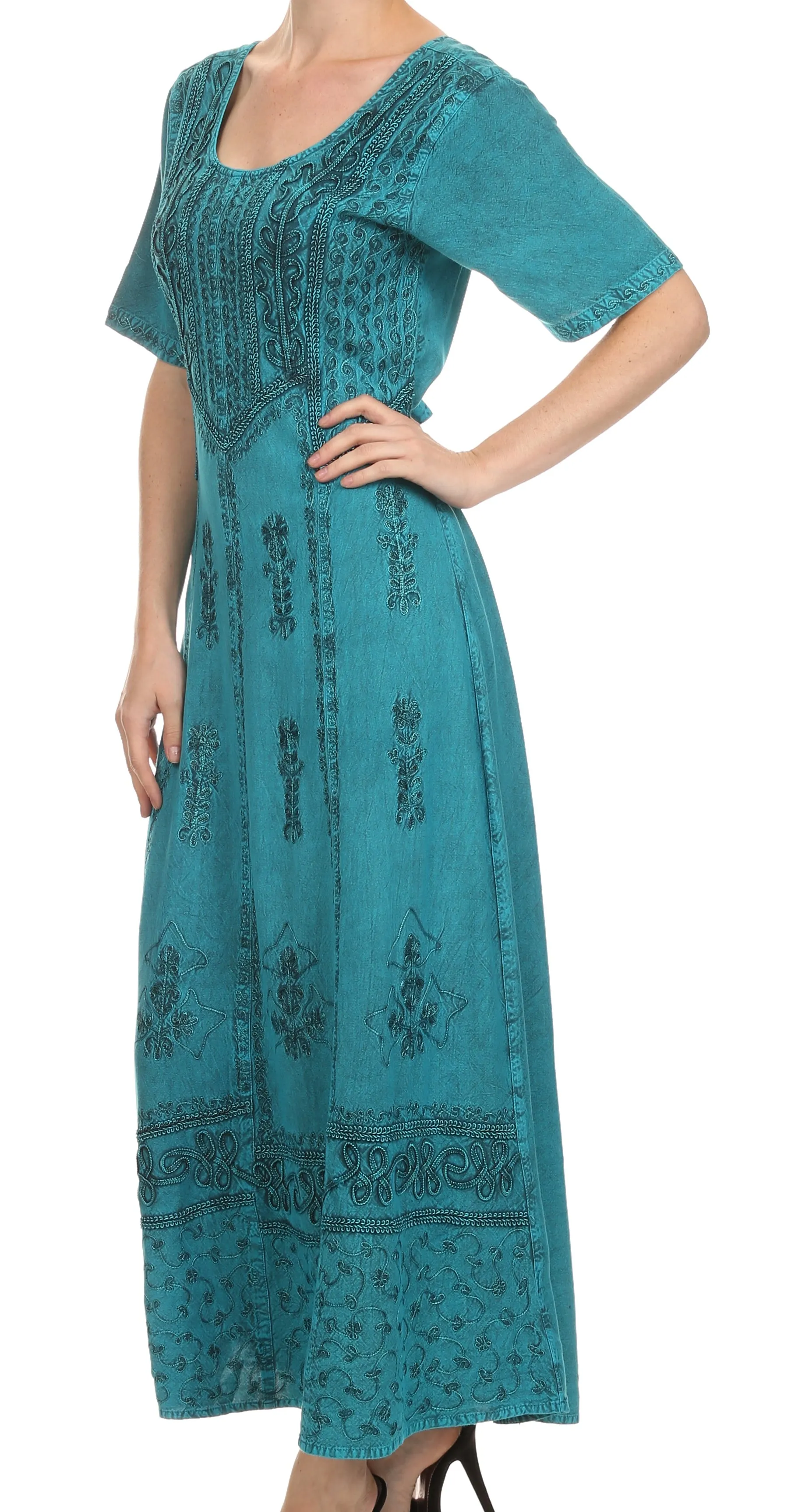 Sakkas Dannee Adjustable Cap Sleeve Caftan Long Embroidered Stonewashed Dress