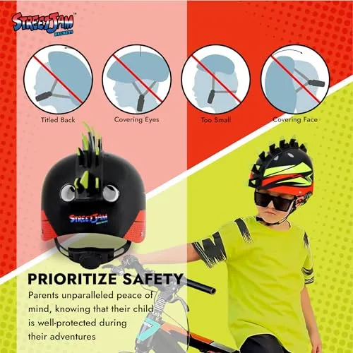 STREETJAM Finhawk Open Face Sports Helmet for Kids, Hard PP Outer Shell, EPS Inner Comfort Linner case, Adjustable Strap & Adjuster Dial, Unisex Helmet for Cycling(8-13 Years, Black (Green, Red)