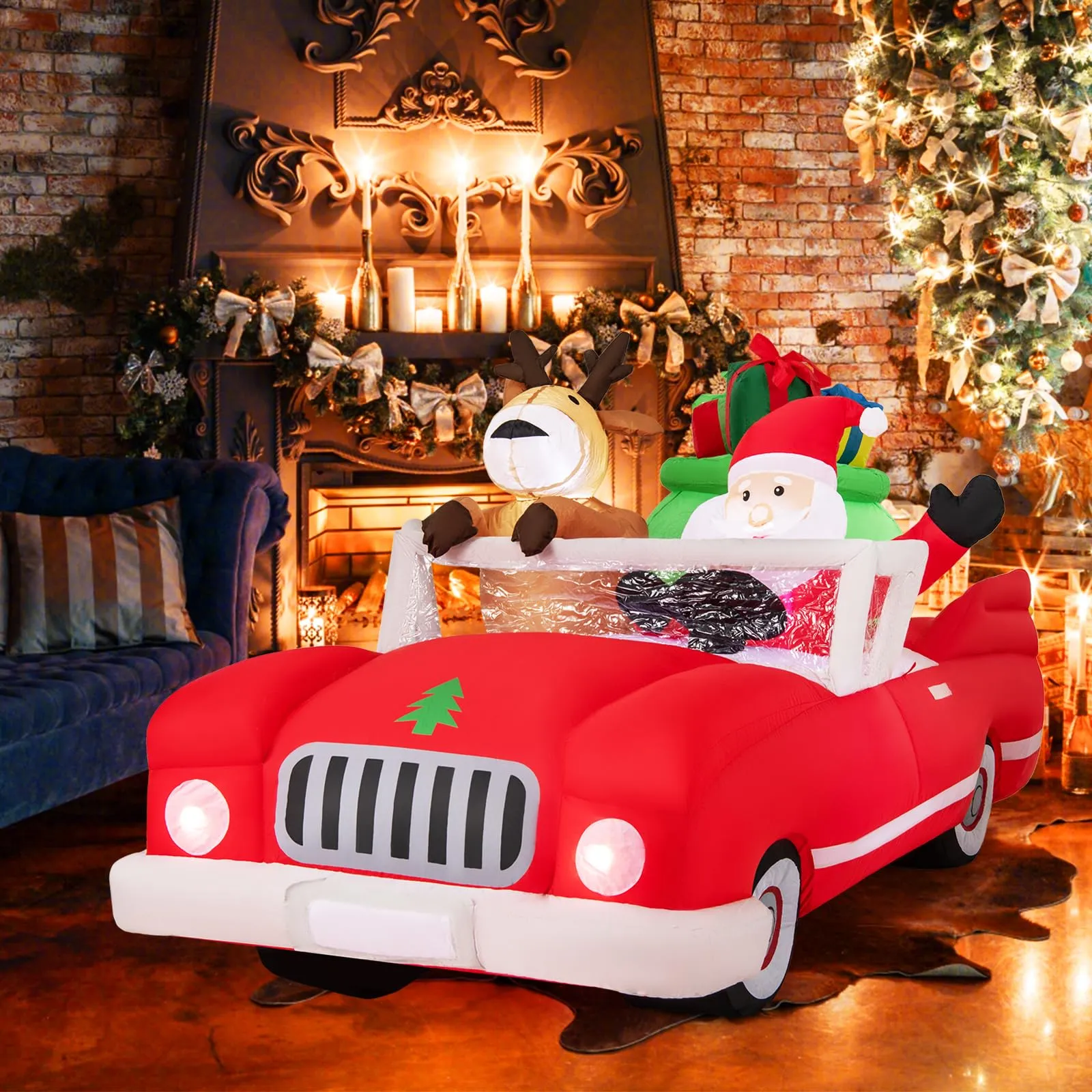 Tangkula 7.7 FT Christmas Inflatable Santa Claus & Reindeer Riding Car with Gift Bag