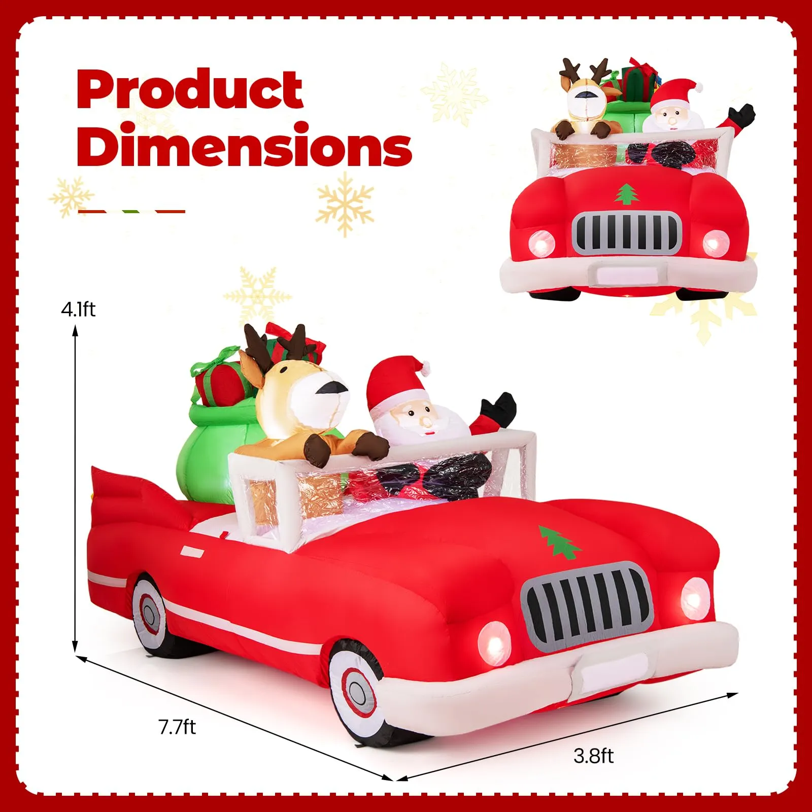 Tangkula 7.7 FT Christmas Inflatable Santa Claus & Reindeer Riding Car with Gift Bag